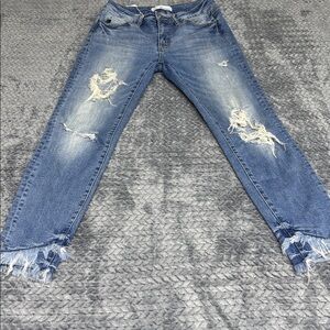 Kancan Distressed Blue Women's Slim Jeans with Frayed Hem